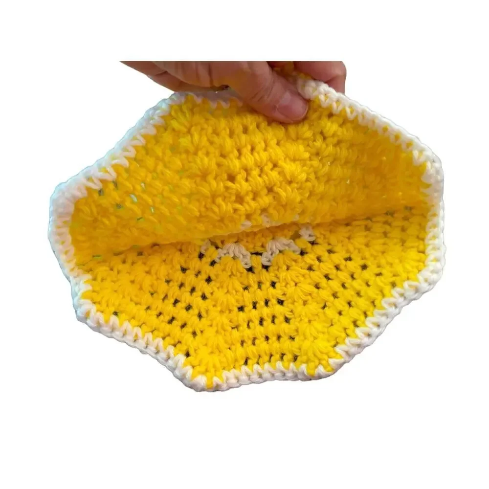 Vtg Hand Knitted Crochet Hot Pad Or Pot Holder Yellow Bright Grannycore Cottage